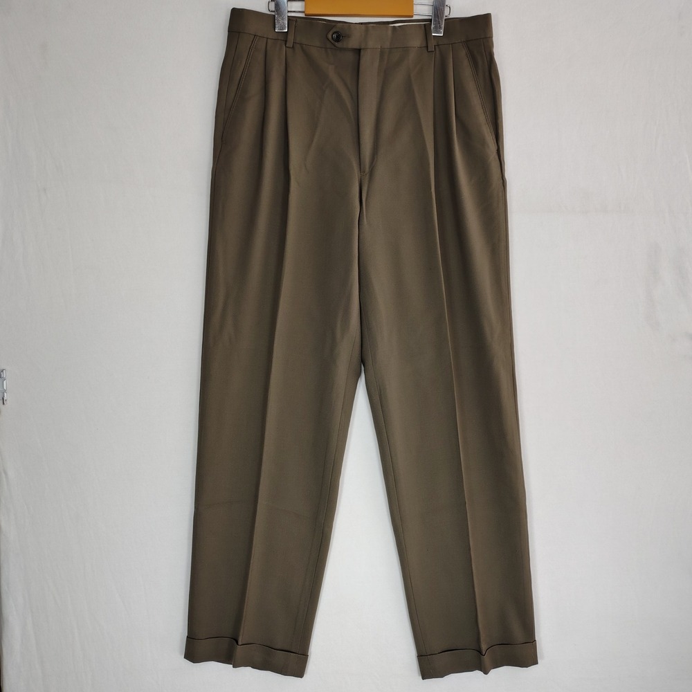Joseph & Feiss Khaki Wool Dress Pants Mens 34 Pleated Cuffed Trousers